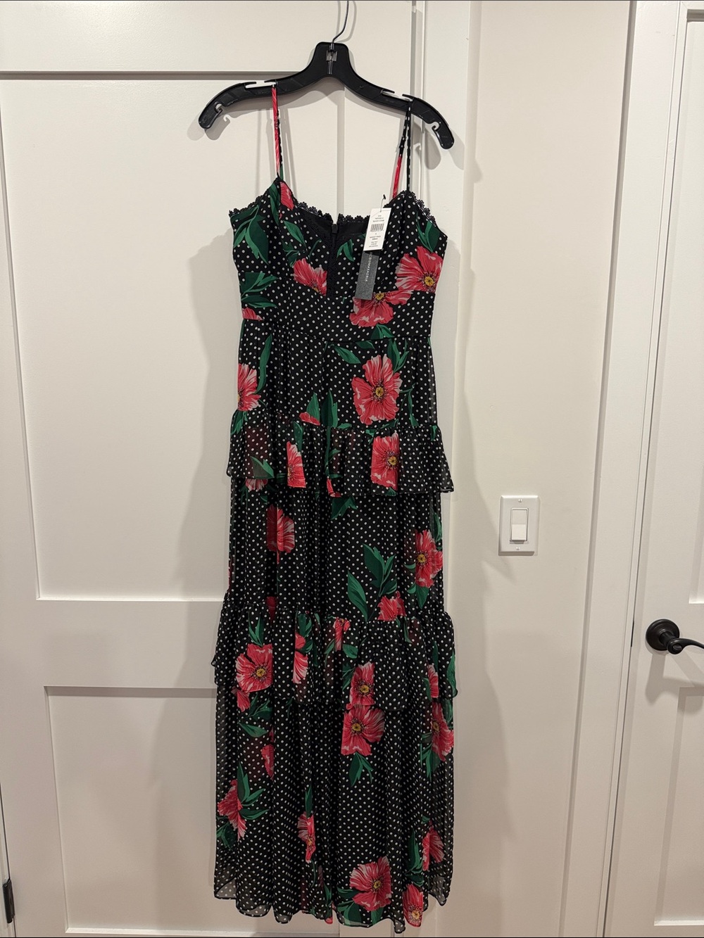 BCBG Floral Polka Dot Tiered Maxi Dress - Black with Pink Flowers NWT size 8